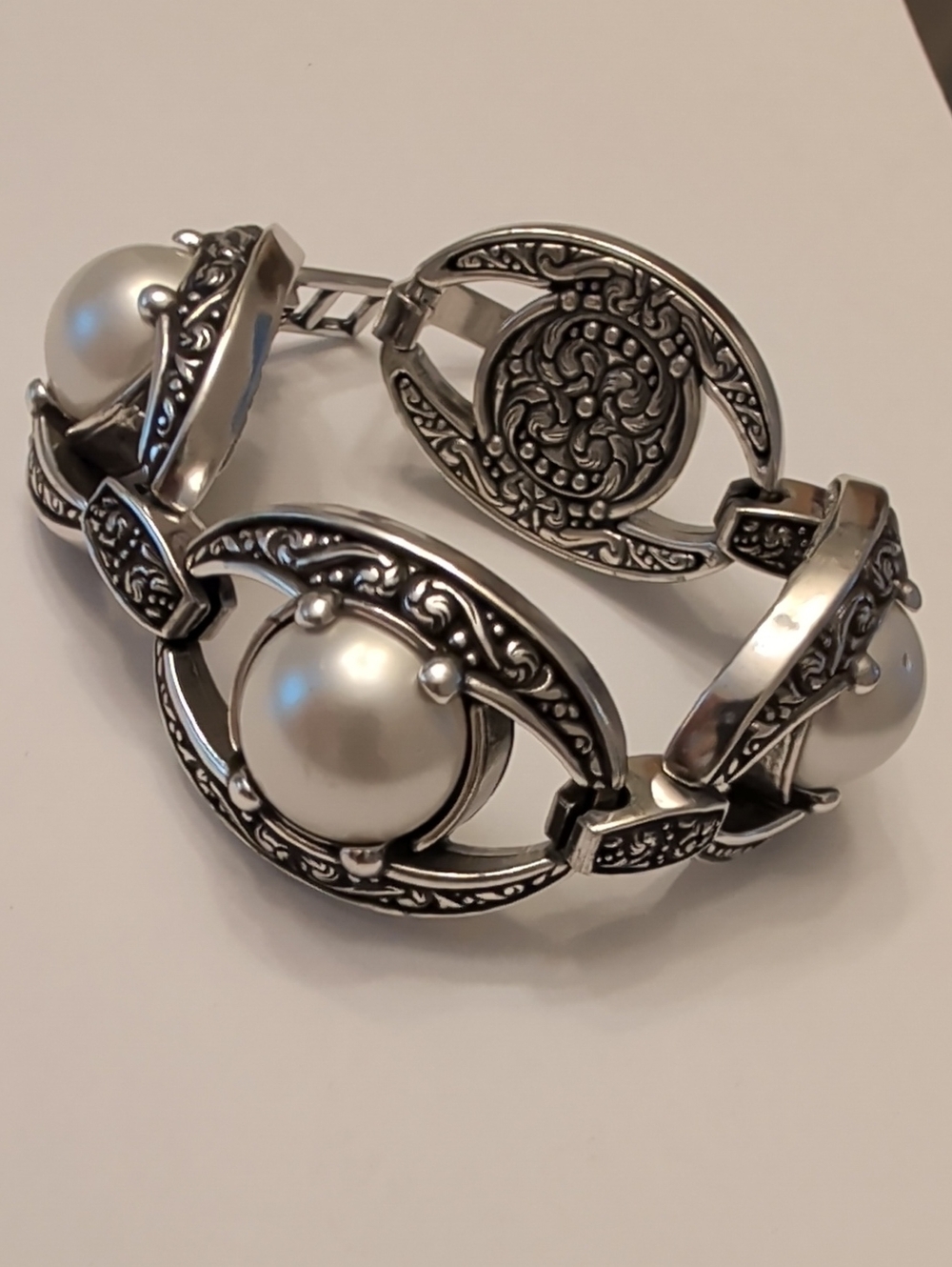 Brighton Chunky Silver-Tone Bracelet with Pearl Cabochons
